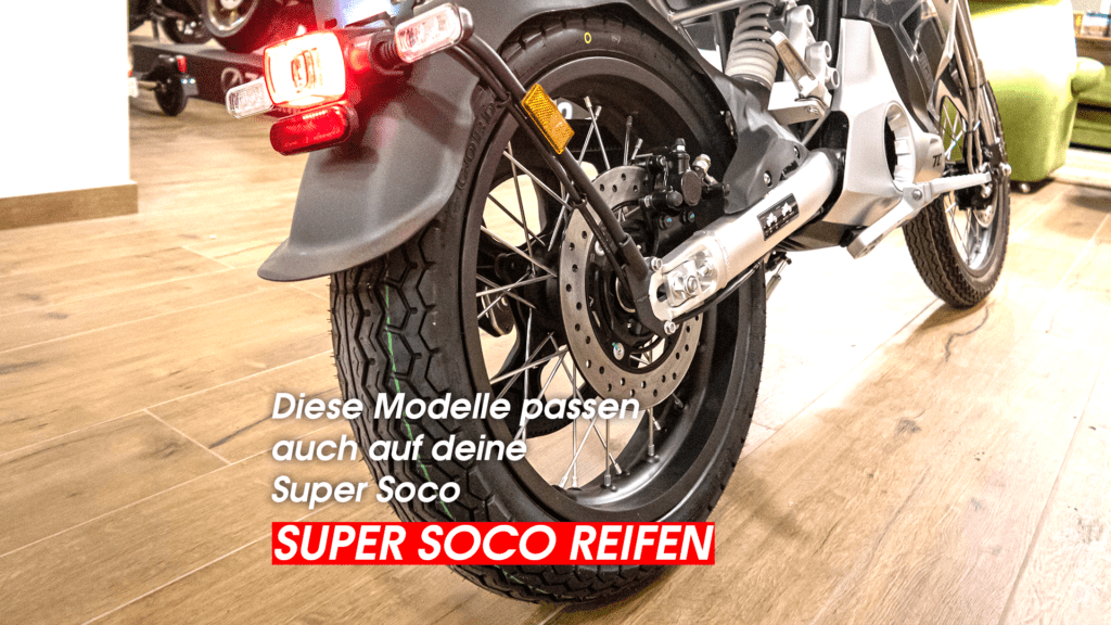 Nahaufnahme Hinterrad Super Soco mit Reifenprofil. E-Motorrad-Zubehör für Elektromobilität von Electric Horses.