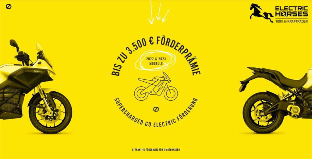 E-Motorräder: Bis zu 3.500 € Förderung für 2022/23 Modelle. Supercharged Go Electric! Electric Horses.