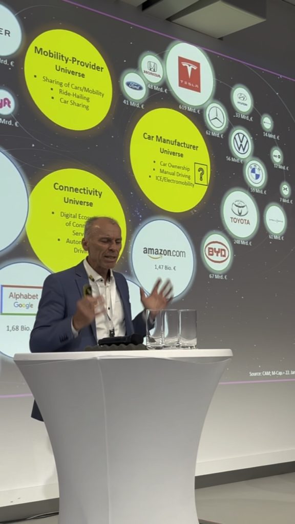 Mann präsentiert auf Folie Autohersteller, Amazon, Google & BYD. Relevanz für E-Mobilität.