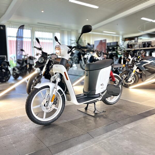 E-Roller Askoll ES2 City, weiß, im Verkaufsraum von Electric Horses. Weitere E-Motorräder im Hintergrund.