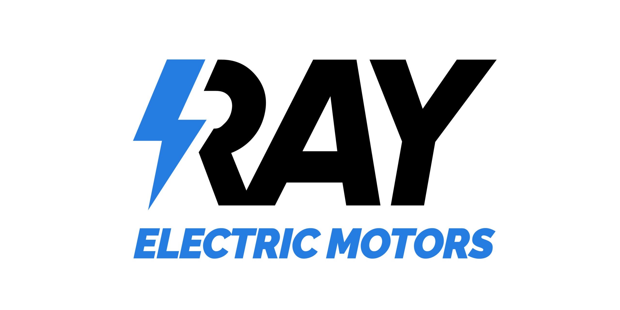RAY Electric Motors Logo. Blaues Blitz-Symbol mit Schriftzug in Blau und Schwarz.